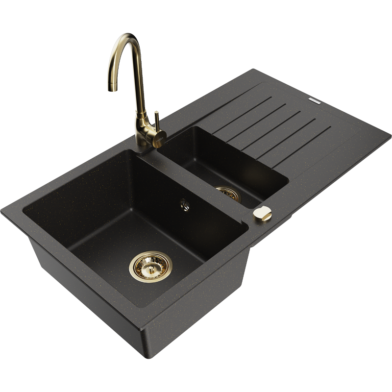 Mexen Matias fregadero de granito de 1,5 senos con escurridor y grifo de cocina Telma, negro/oro - 6502-75-670200-50