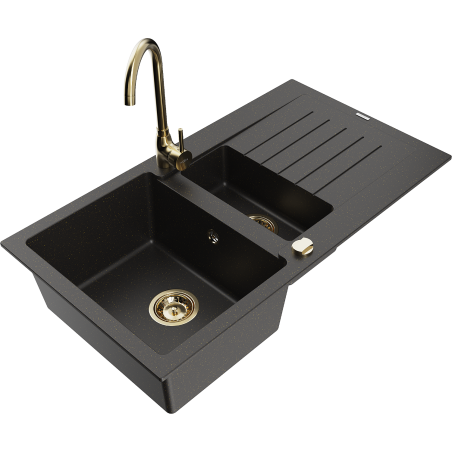 Mexen Matias Granitspüle 1,5-Becken mit Abtropffläche und Küchenarmatur Telma, schwarz/gold - 6502-75-670200-50