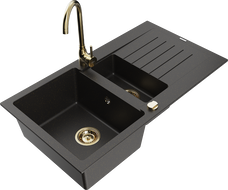 Mexen Matias granite kitchen sink 1.5-bowl with drainer and Telma kitchen tap, black/gold - 6502-75-670200-50