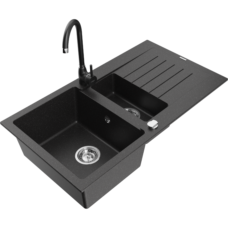 Mexen Matias graniittinen 1,5-allas tiskiallas valutustasolla ja keittiöhanalla Telma, musta/hopea - 6502-73-670200-70