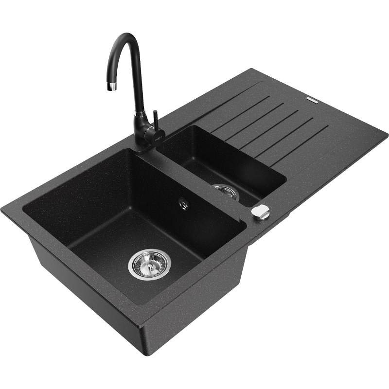 Mexen Matias granite sink 1.5-bowl with drainer and Telma kitchen tap, black/silver - 6502-73-670200-70