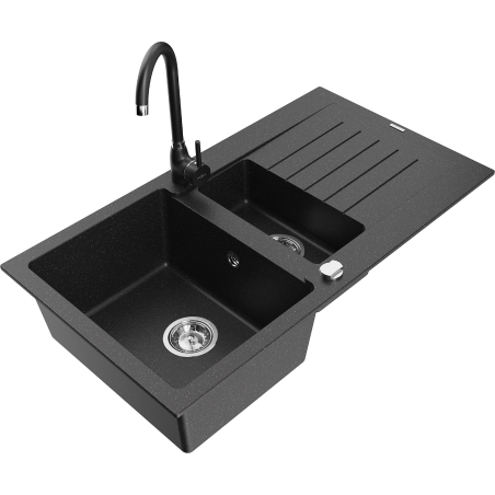 Mexen Matias fregadero de granito de 1,5 seno con escurridor y grifo de cocina Telma, negro/plata - 6502-73-670200-70