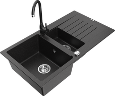 Mexen Matias fregadero de granito de 1,5 seno con escurridor y grifo de cocina Telma, negro/plata - 6502-73-670200-70