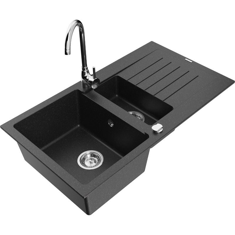 Mexen Matias Granitspüle 1,5-Becken mit Abtropffläche und Küchenarmatur Telma, schwarz/silber - 6502-73-670200-00