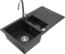 Mexen Matias granite sink 1.5-bowl with drainer and Telma kitchen tap, black/silver - 6502-73-670200-00