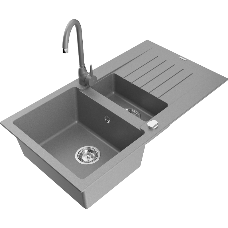 Mexen Matias fregadero de granito de 1,5 senos con escurridor y grifo de cocina Telma, gris - 6502-71-670200-71