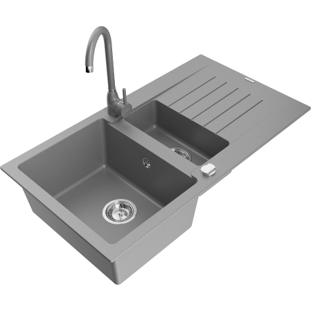 Mexen Matias lavello in granito 1,5 vasca con scolapiatti e rubinetto da cucina Telma, grigio - 6502-71-670200-71