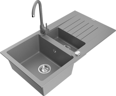 Mexen Matias granite sink 1.5-bowl with drainer and Telma kitchen tap, grey - 6502-71-670200-71