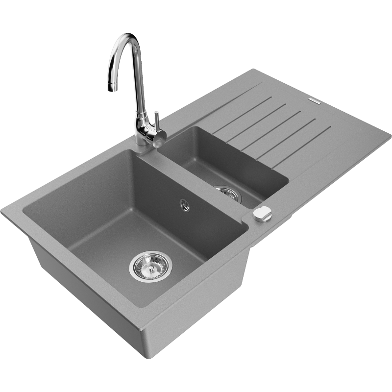 Mexen Matias granite kitchen sink 1.5-bowl with drainer and Telma kitchen tap, grey - 6502-71-670200-00
