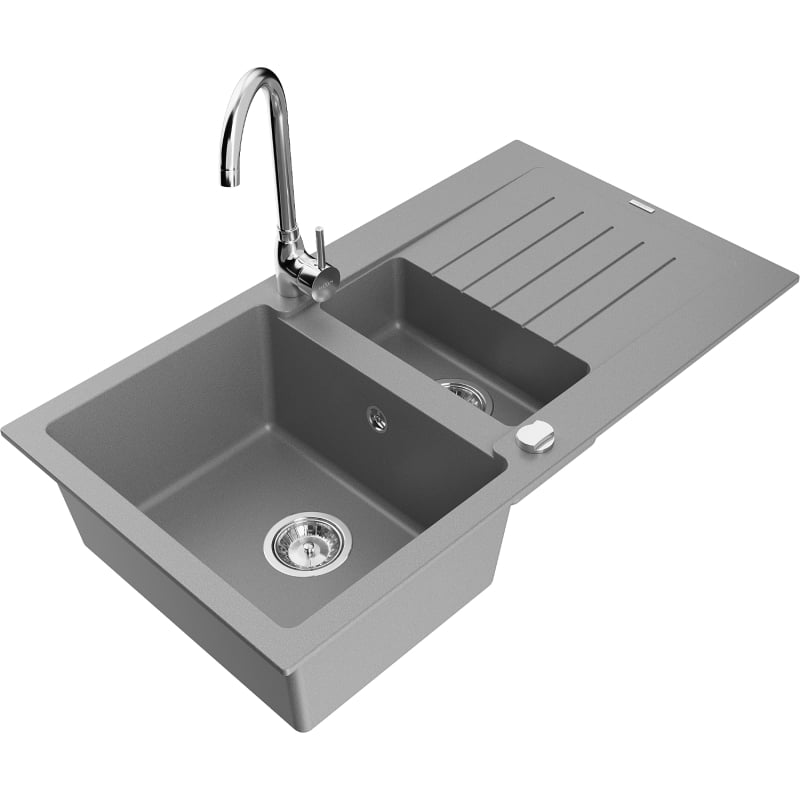 Mexen Matias granite sink 1.5-bowl with drainer and Telma kitchen faucet, gray - 6502-71-670200-00