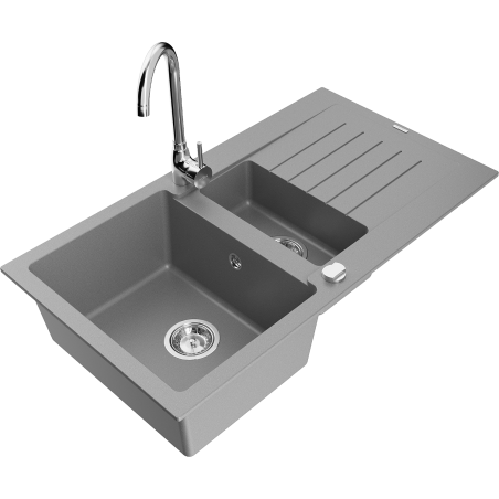 Mexen Matias granite sink 1.5-bowl with drainer and Telma kitchen faucet, gray - 6502-71-670200-00