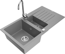 Mexen Matias fregadero de granito 1,5 cámaras con escurridor y grifo de cocina Telma, gris - 6502-71-670200-00
