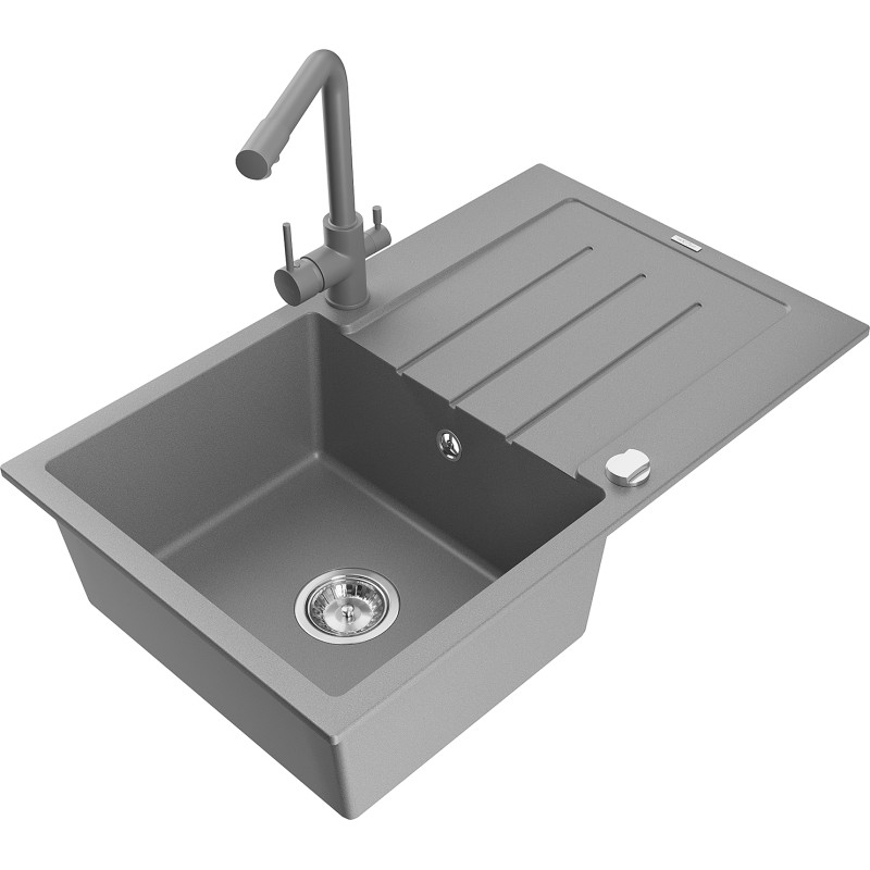Mexen Bruno 1-Kammer-Granitespüle mit Abtropffläche und Küchenarmatur Duero, grau - 6513-71-671600-71
