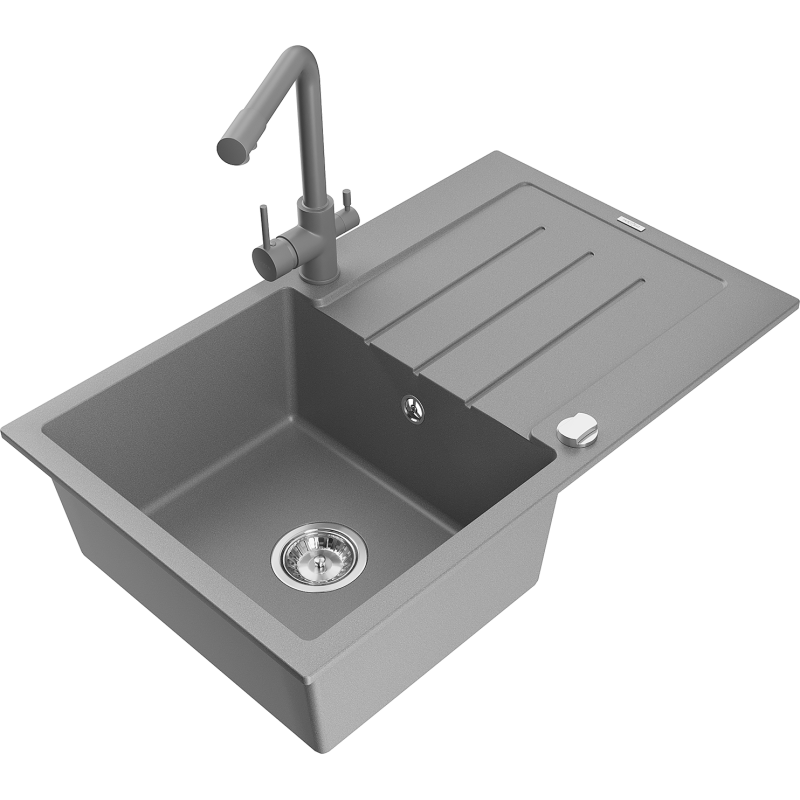 Mexen Bruno fregadero de granito de 1 cubeta con escurridor y grifo de cocina Duero, gris - 6513-71-671600-71