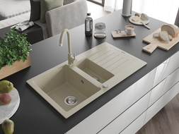 Mexen Matias Granitspüle 1,5-Becken mit Abtropffläche und Küchenarmatur Telma, beige - 6502-69-670200-69