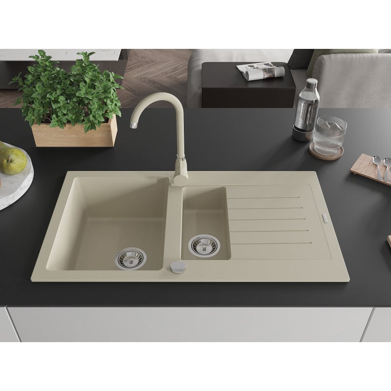 Mexen Matias évier en granit 1,5 bac avec égouttoir et robinet de cuisine Telma, beige - 6502-69-670200-69