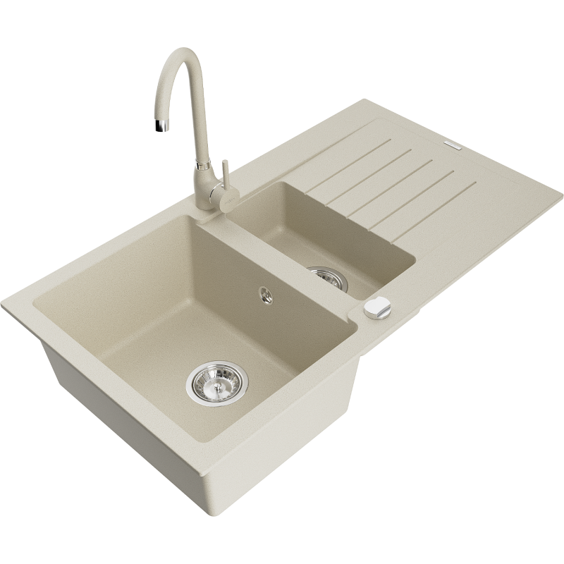 Mexen Matias fregadero de granito de 1,5 senos con escurridor y grifo de cocina Telma, beige - 6502-69-670200-69