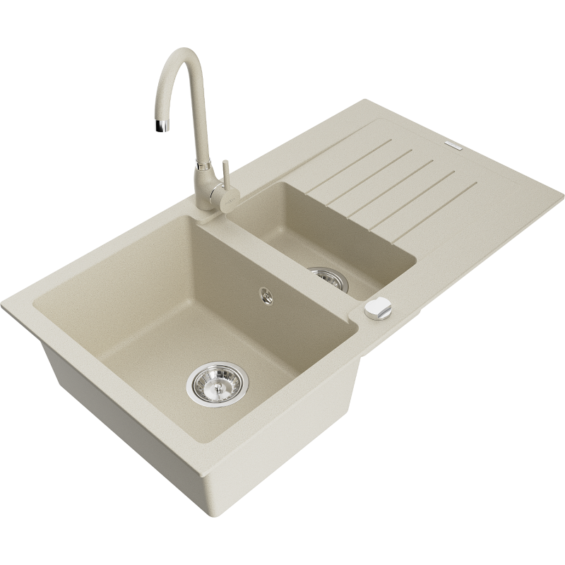 Mexen Matias granitdiskbänk 1,5-skål med avrinningsbricka och köksblandare Telma, beige - 6502-69-670200-69
