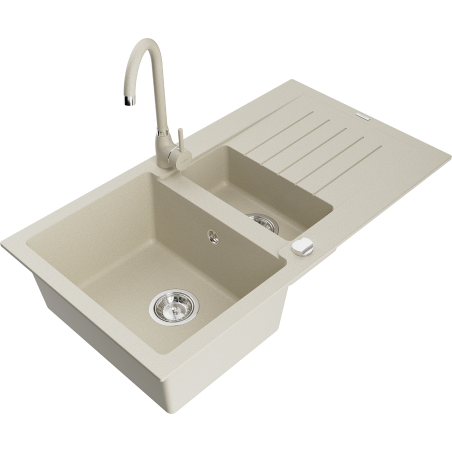 Mexen Matias granitdiskbänk 1,5-skål med avrinningsbricka och köksblandare Telma, beige - 6502-69-670200-69