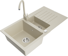 Mexen Matias fregadero de granito de 1,5 senos con escurridor y grifo de cocina Telma, beige - 6502-69-670200-69