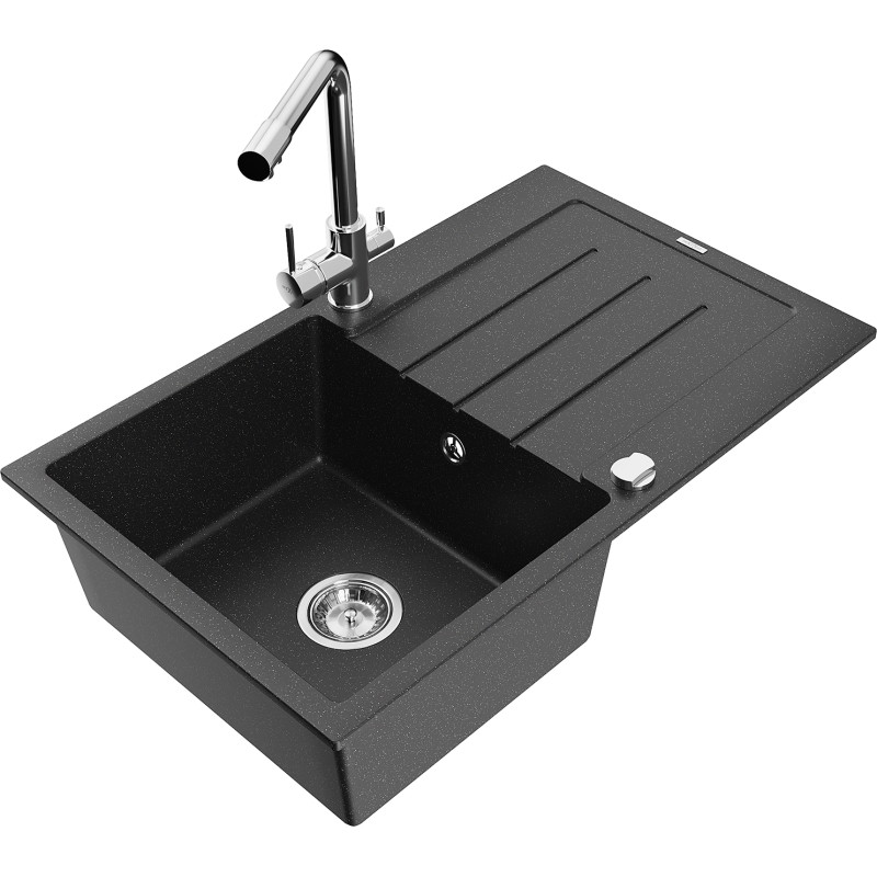 Mexen Bruno granitische spoelbak met 1 bak met afdruiprek en keukenkraan Duero, zwart/zilver metallic - 6513-73-671600-00
