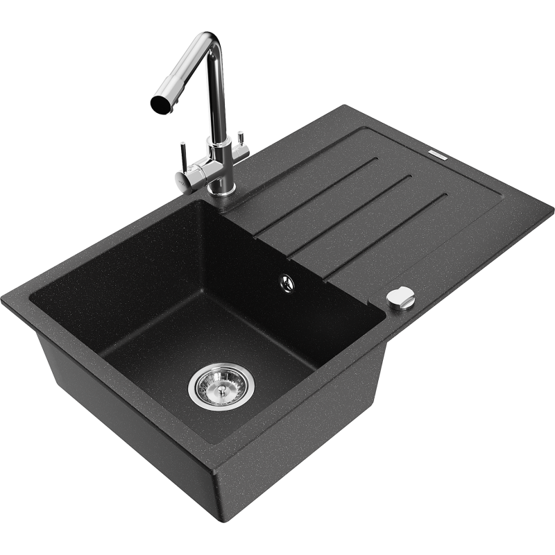 Mexen Bruno lavello in granito a 1 vasca con scolapiatti e rubinetto da cucina Duero, nero/argento metallizzato