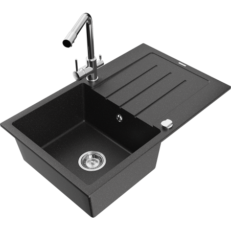 Mexen Bruno 1-bowl granite sink with drainer and Duero kitchen tap, black/silver metallic - 6513-73-671600-00