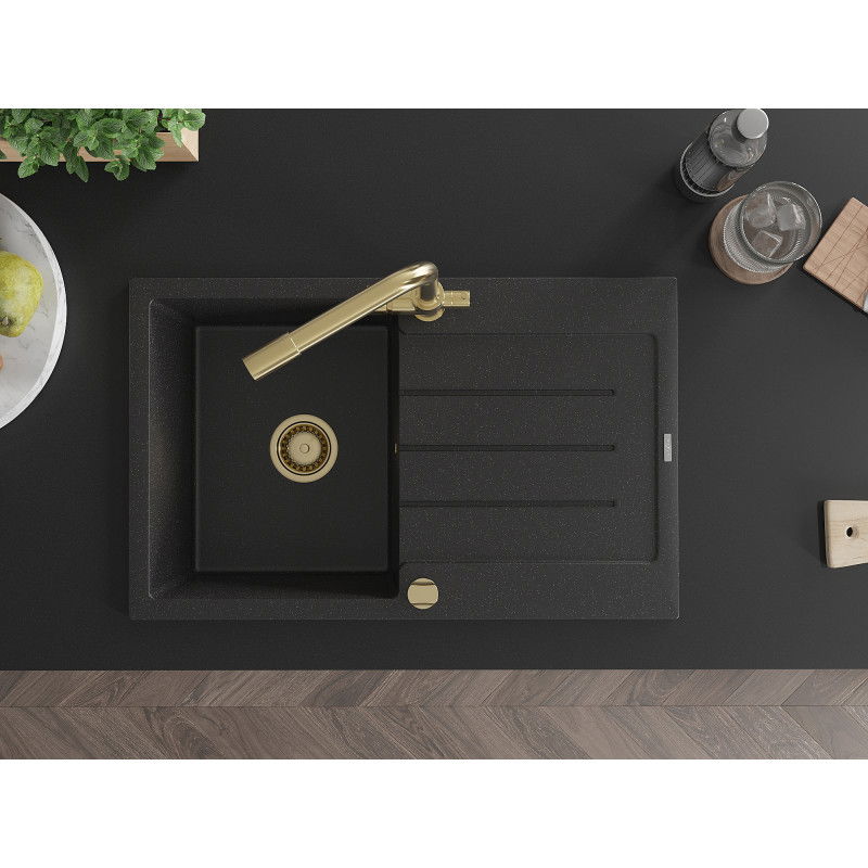 Mexen Bruno fregadero de granito 1-cubeta con escurridor y grifo de cocina Duero, negro/plata metálica - 6513-73-671600-50