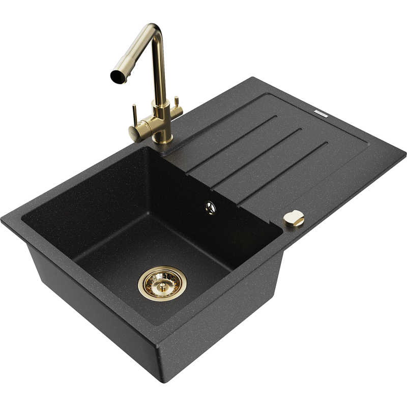 Mexen Bruno granieten spoelbak met 1 bak en afdruiprek en Duero keukenmengkraan, zwart/zilveren metallic - 6513-73-671600-50