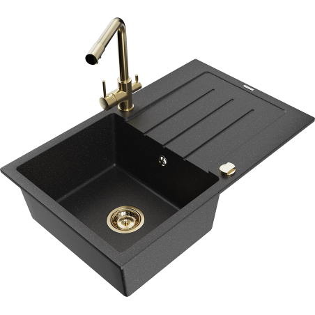 Mexen Bruno 1-komorige granieten gootsteen met afdruiprek en keukenmengkraan Duero, zwart/zilver metallic - 6513-73-671600-50