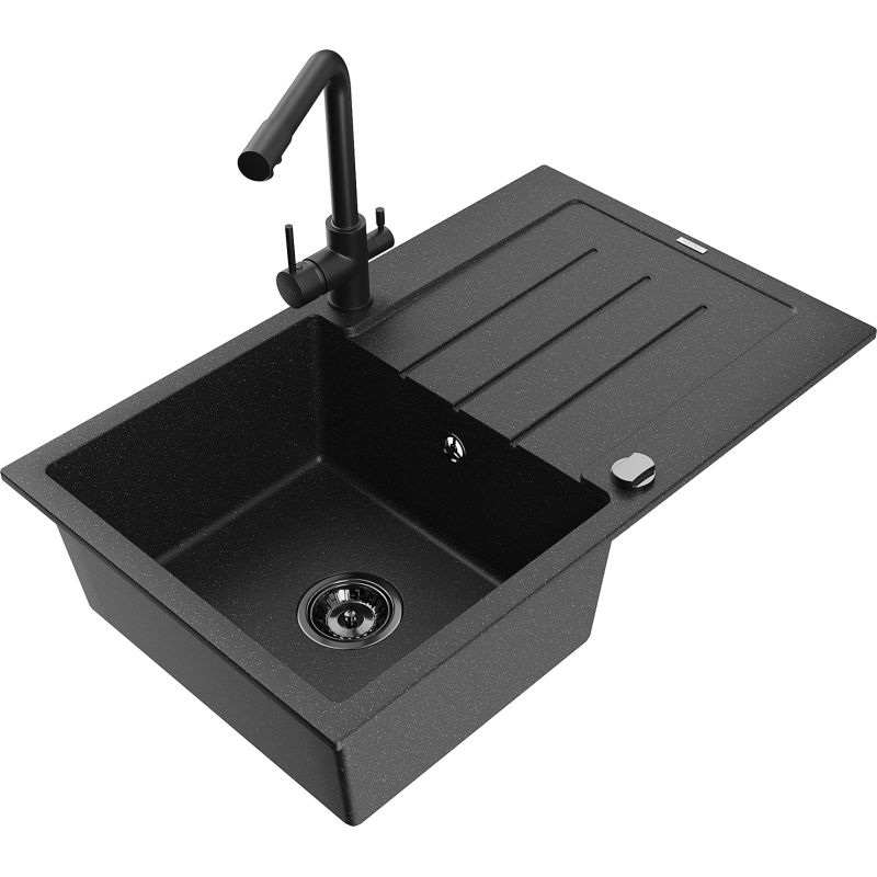 Mexen Bruno granite sink, 1-bowl with drainer and Duero kitchen tap, black/silver metallic - 6513-73-671600-70-B