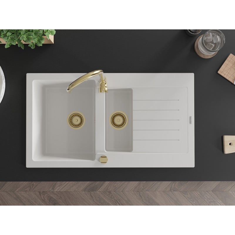 Mexen Matias granite 1.5-bowl sink with drainer and Telma kitchen tap, white - 6502-20-670200-50