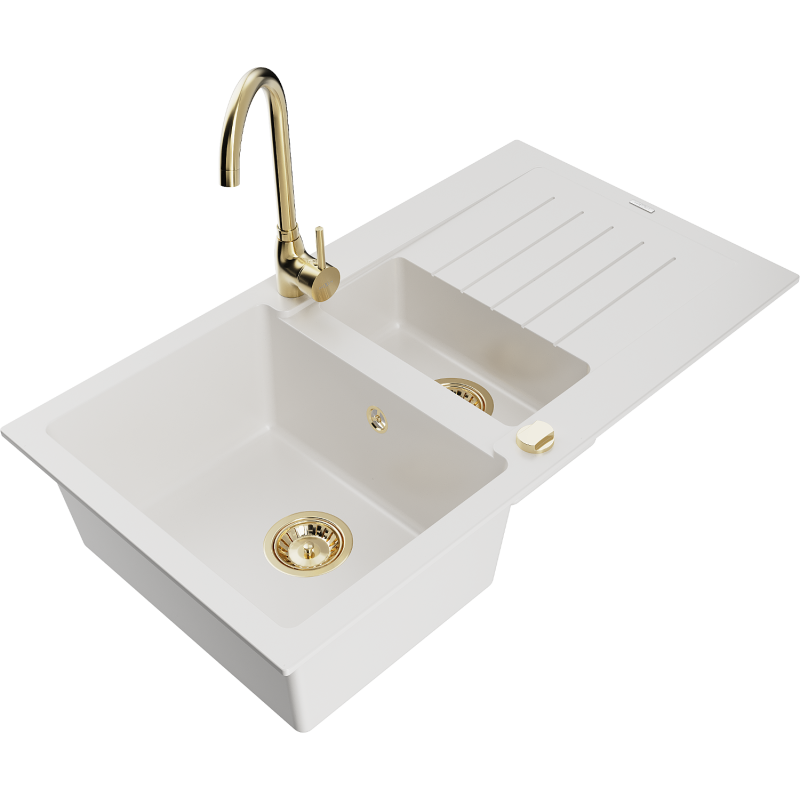 Mexen Matias fregadero de granito de 1,5 senos con escurridor y grifo de cocina Telma, blanco - 6502-20-670200-50