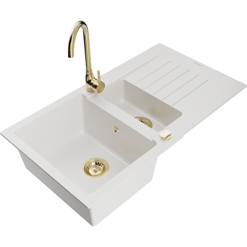 Mexen Matias granite 1.5-bowl sink with drainer and Telma kitchen tap, white - 6502-20-670200-50