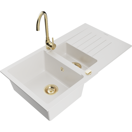 Mexen Matias fregadero de granito de 1,5 senos con escurridor y grifo de cocina Telma, blanco - 6502-20-670200-50