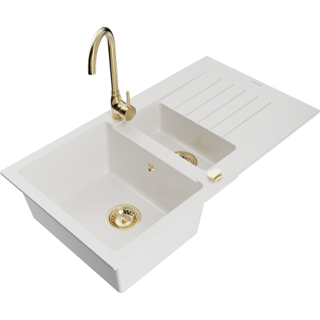 Mexen Matias granite 1.5-bowl sink with drainer and Telma kitchen tap, white - 6502-20-670200-50