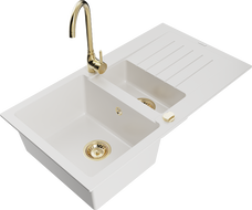Mexen Matias fregadero de granito de 1,5 senos con escurridor y grifo de cocina Telma, blanco - 6502-20-670200-50
