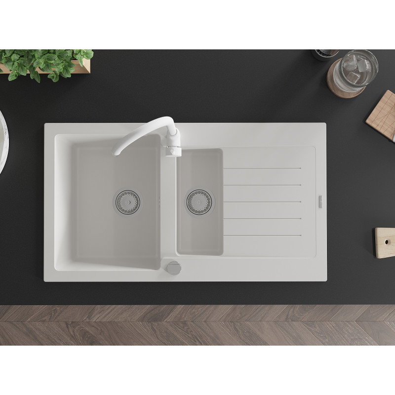Mexen Matias 1.5-bowl granite sink with drainer and Telma kitchen tap, white - 6502-20-670200-20