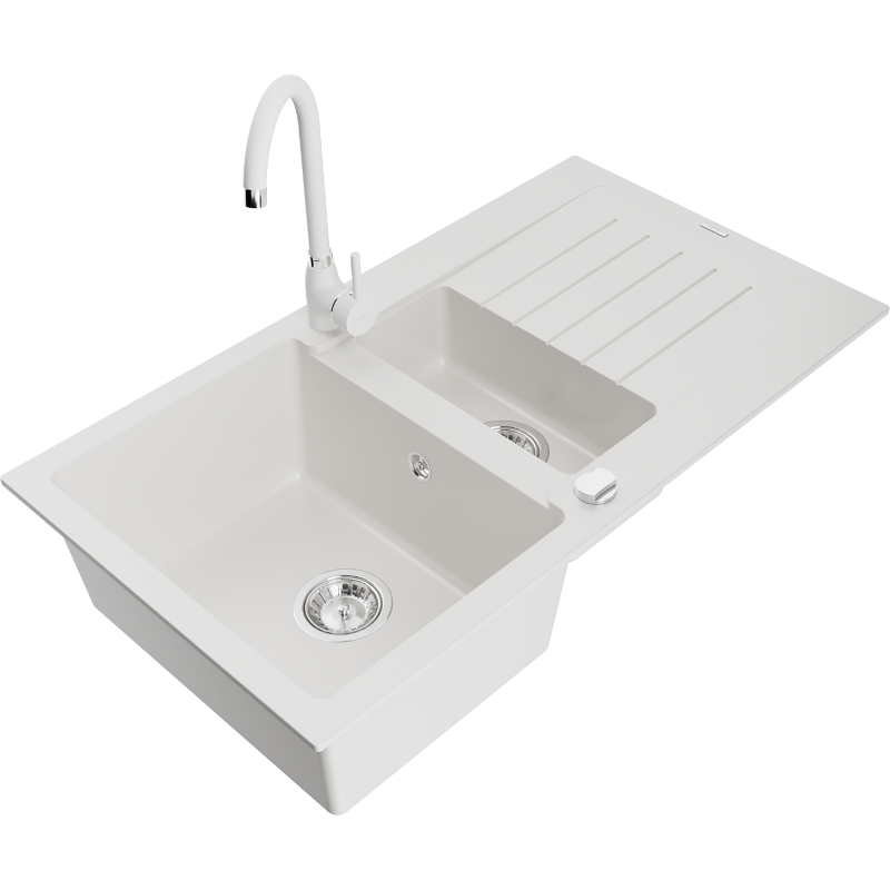 Mexen Matias fregadero de granito de 1,5 senos con escurridor y grifo de cocina Telma, blanco - 6502-20-670200-20