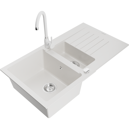 Mexen Matias fregadero de granito de 1,5 senos con escurridor y grifo de cocina Telma, blanco - 6502-20-670200-20