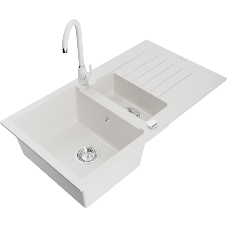 Mexen Matias lava-loiça de granito 1,5-cuba com escorredor e torneira de cozinha Telma, branco - 6502-20-670200-20