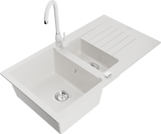 Mexen Matias fregadero de granito de 1,5 senos con escurridor y grifo de cocina Telma, blanco - 6502-20-670200-20