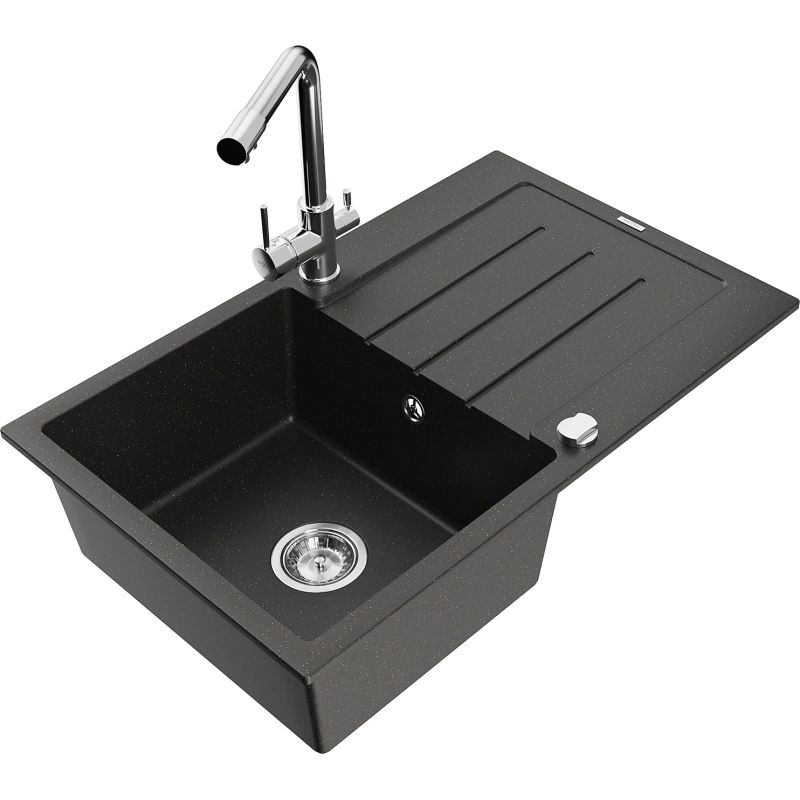 Mexen Bruno 1-Bowl Granite Kitchen Sink with Drainer and Duero Tap, Black/Gold Metallic - 6513-75-671600-00