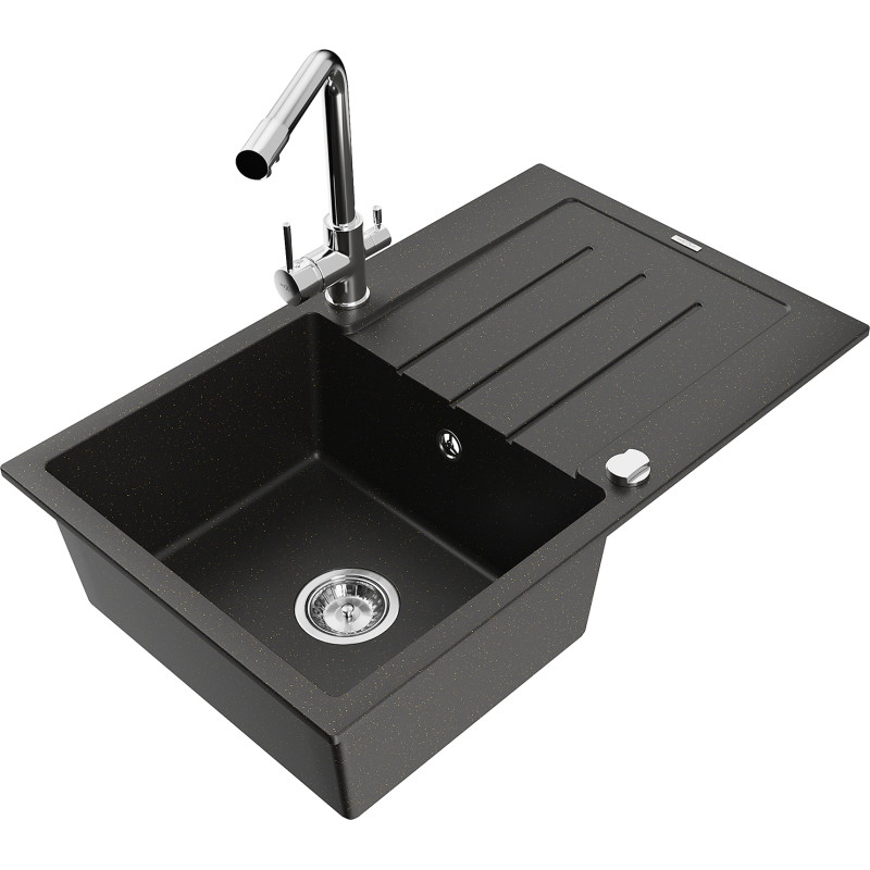 Mexen Bruno granitische spoelbak met 1 bak, afdruipgedeelte en keukenmengkraan Duero, zwart/goud metallic - 6513-75-671600-00