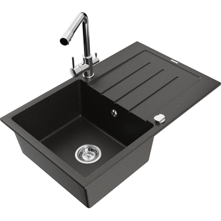Mexen Bruno 1-Bowl Granite Kitchen Sink with Drainer and Duero Tap, Black/Gold Metallic - 6513-75-671600-00