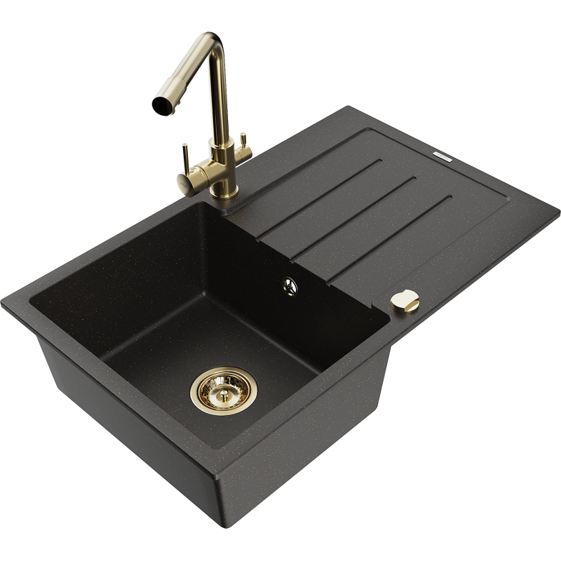 Mexen Bruno fregadero de granito de 1 cubeta con escurridor y grifo de cocina Duero, negro/dorado metálico - 6513-75-671600-50
