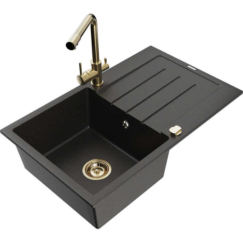 Mexen Bruno lavello in granito 1-vasca con scolapiatti e rubinetto cucina Duero, nero/oro metallico - 6513-75-671600-50