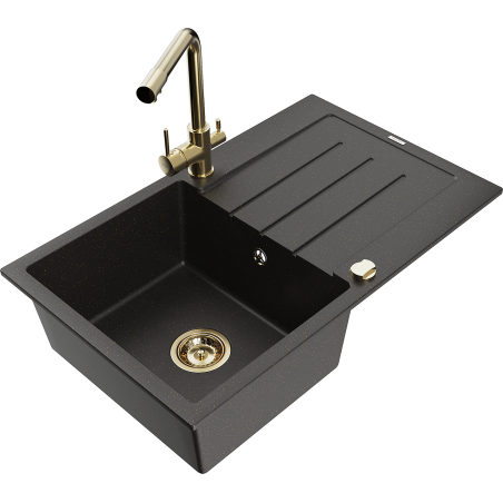 Mexen Bruno fregadero de granito de 1 cubeta con escurridor y grifo de cocina Duero, negro/dorado metálico - 6513-75-671600-50