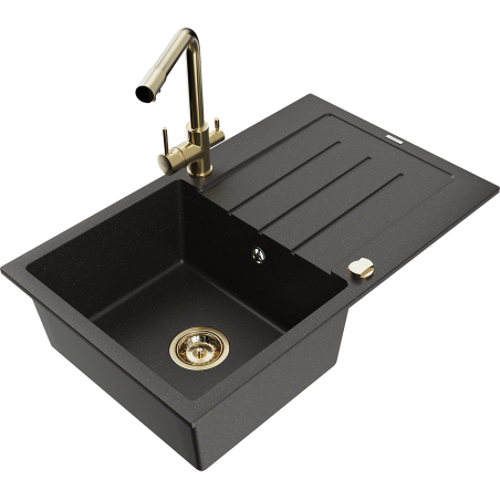 Mexen Bruno granitizlietne ar vienu nodalījumu, ar noteces zonu un virtuves jaucējkrānu Duero, melns/zeltains metāliskais
