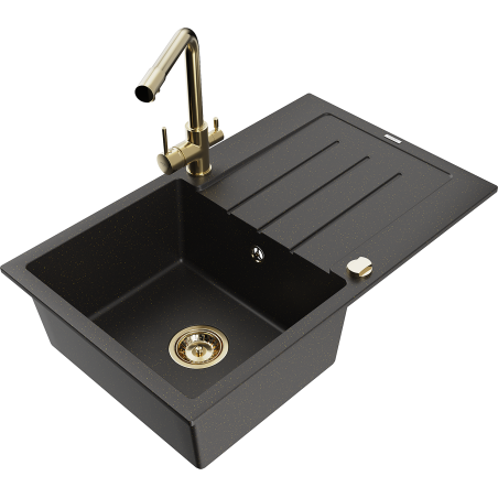Mexen Bruno granitspüle 1-beckig mit Abtropffläche und Küchenarmatur Duero, schwarz/gold metallic - 6513-75-671600-50